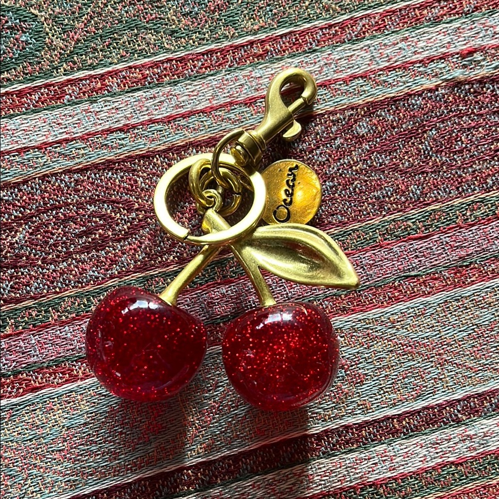 Red Cherry Keychain brass and acrylic tag says Ocean key fob bag charm